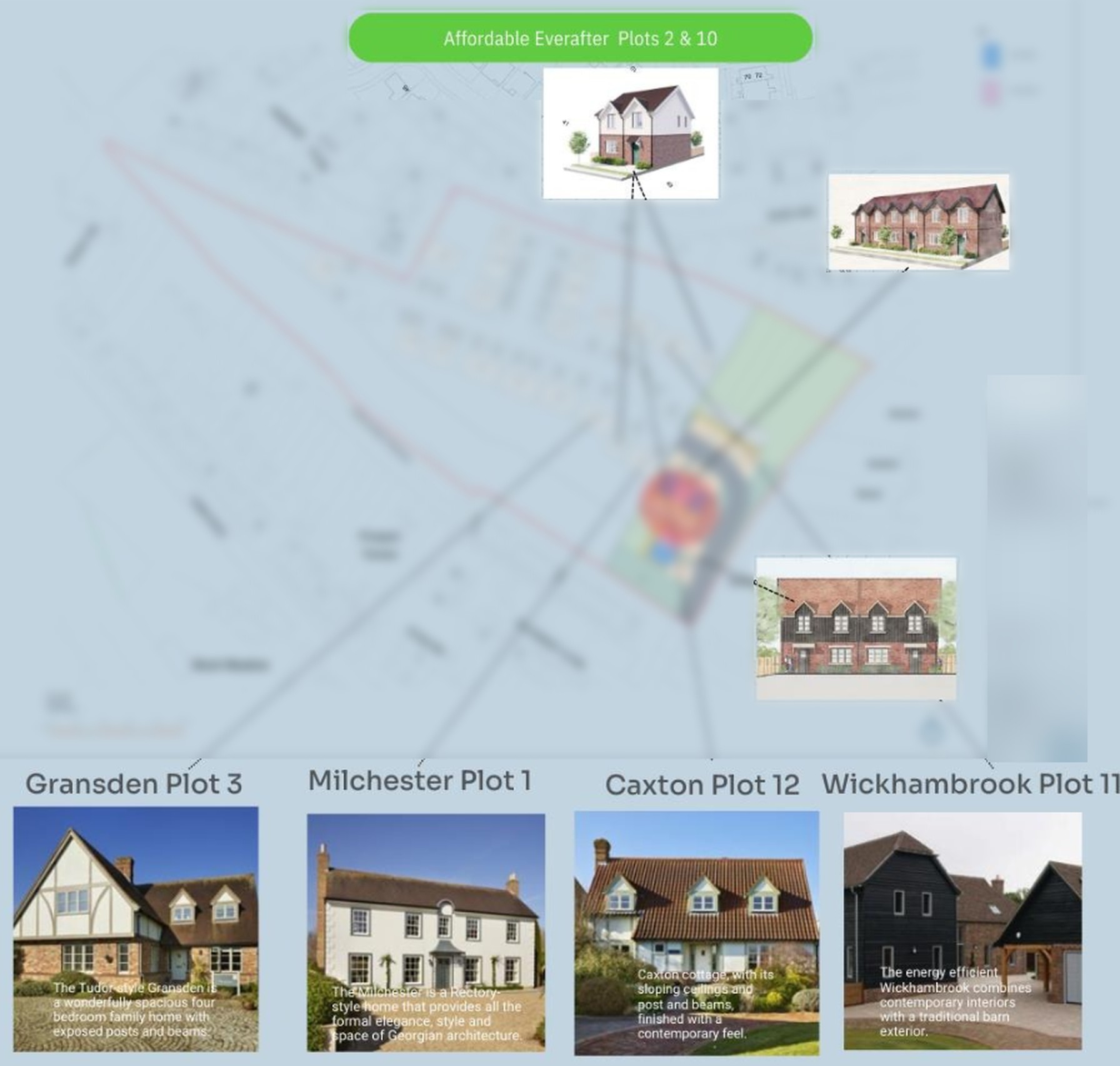 Site plan with Ideas Book house types: Gransden, Milchester, Caxton and Wickhambrook